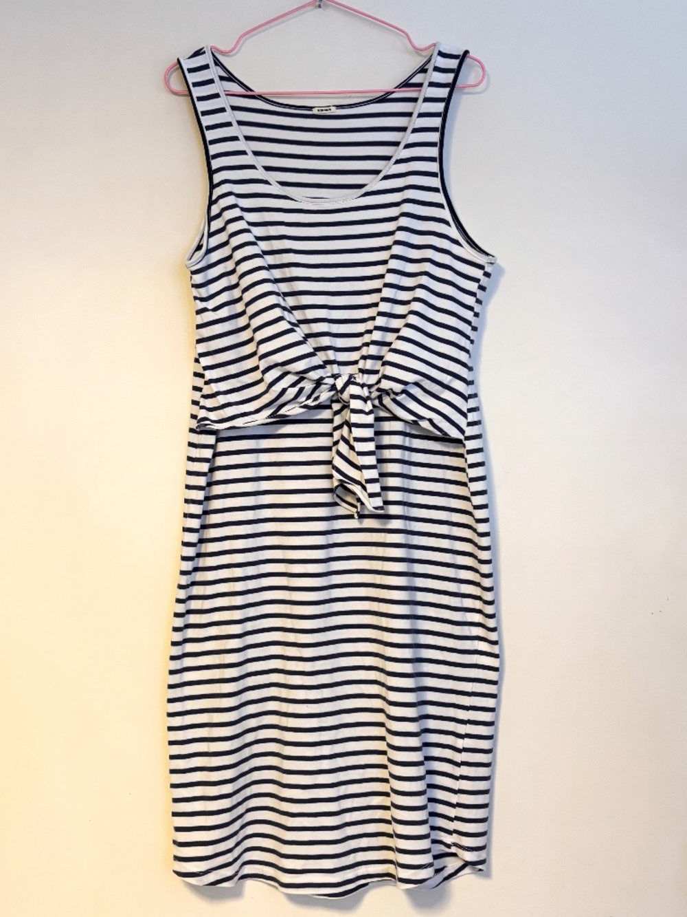 Monrow Sleeveless Scoop Neck Tie Front Cinched Midi Dress White Blue Womens L